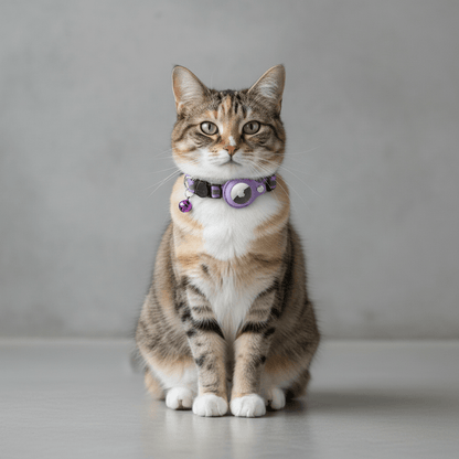 Cat wearing a purple collar with round tracker holder and bell charm
