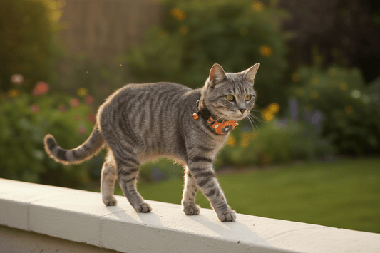 Cat wearing an orange tracking collar with a round AirTag holder and small tag charms