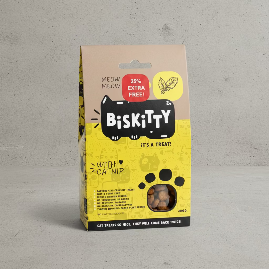 Biskitty cat treats packaging on a gray background