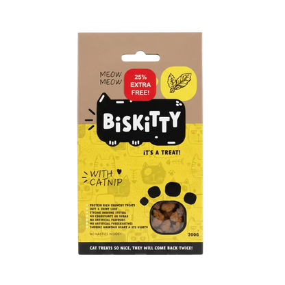 Biskitty cat treats packaging with yellow and brown design