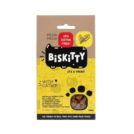 Biskitty cat treats packaging with yellow and brown design