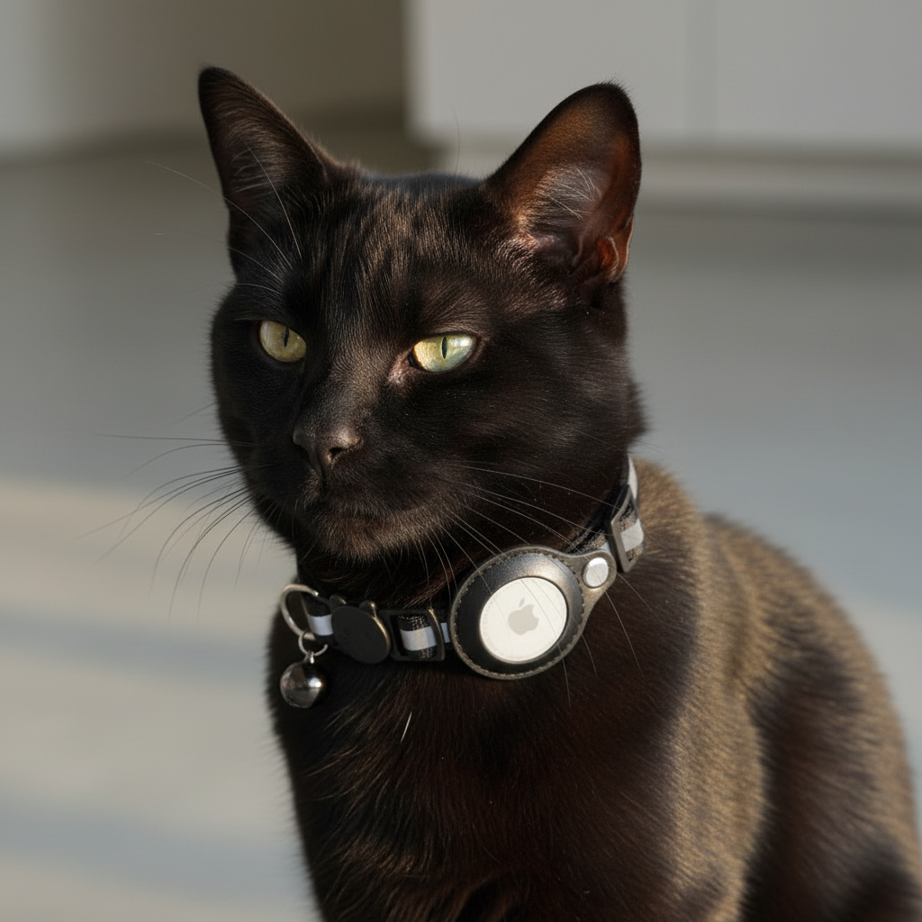 Black cat wearing a black Airtag-compatible cat collar with tracker holder and bell, photographed in soft natural light with a modern indoor background.