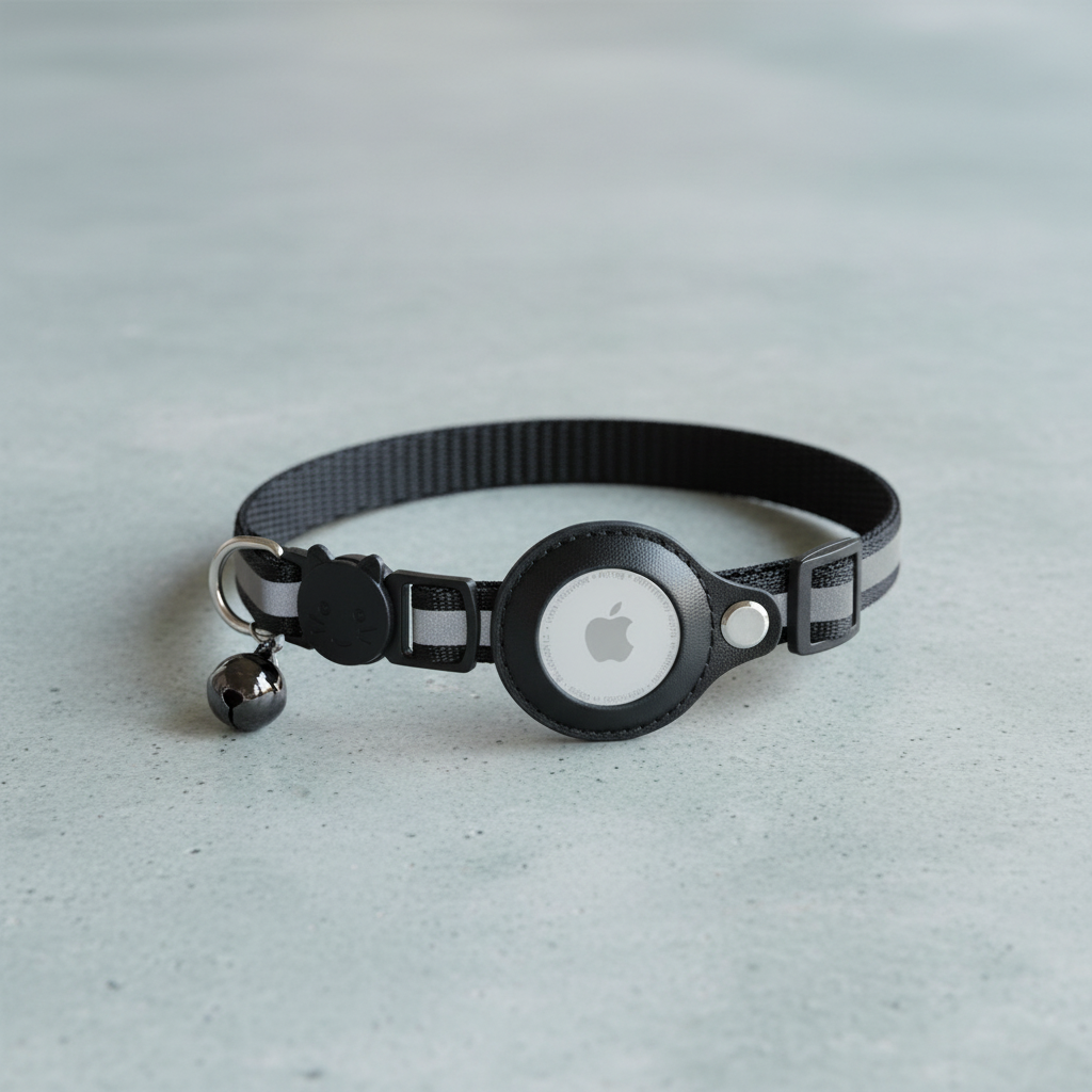 Black AirTag-compatible cat collar with reflective strap, bell, buckle and tracker holder.