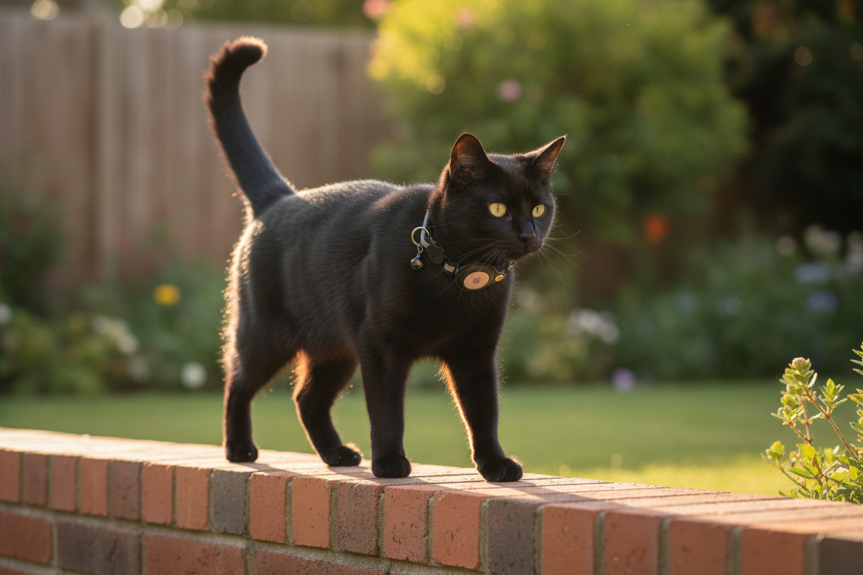 Black cat walking on a brick wall wearing a black AirTag-compatible collar.