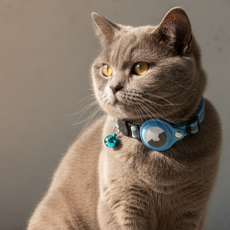 Grey cat wearing a blue Airtag-compatible cat collar with tracker holder and bell, photographed against a minimalist cement wall in natural daylight.
