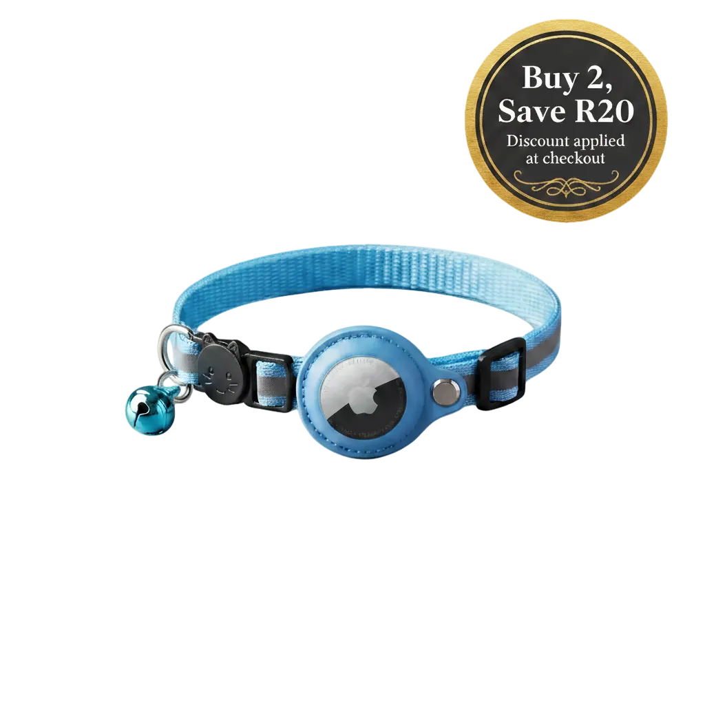 Blue AirTag-compatible cat collar with reflective strap, bell, buckle and tracker holder.
