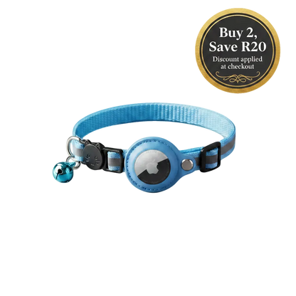 Blue AirTag-compatible cat collar with reflective strap, bell, buckle and tracker holder.