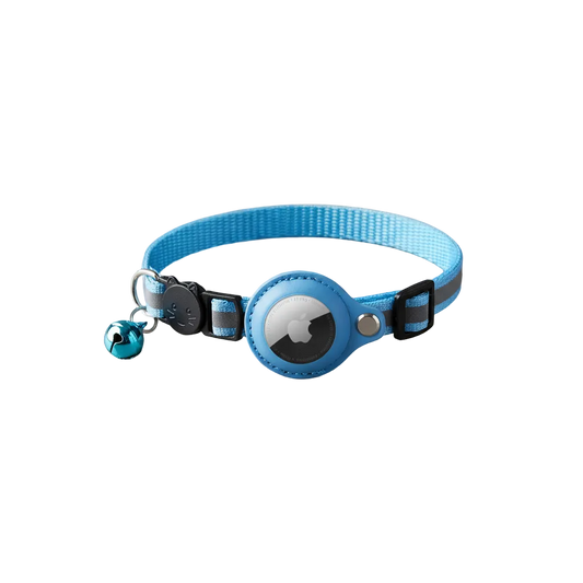 Blue AirTag-compatible cat collar with reflective strap, bell, buckle and tracker holder.