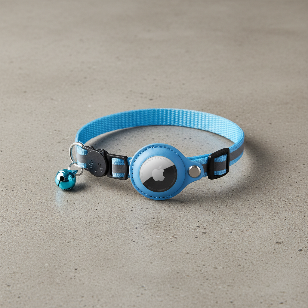 Blue AirTag-compatible cat collar with reflective strap, bell, buckle and tracker holder.