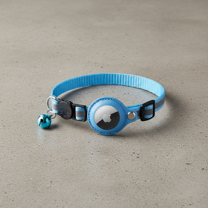 Blue AirTag-compatible cat collar with reflective strap, bell, buckle and tracker holder.