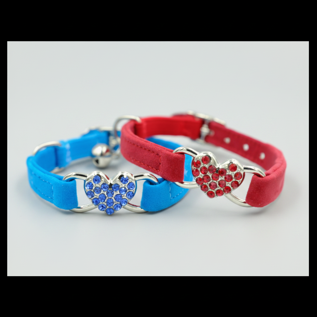 Velvet cat collar with heart pendant and bell – red or blue.