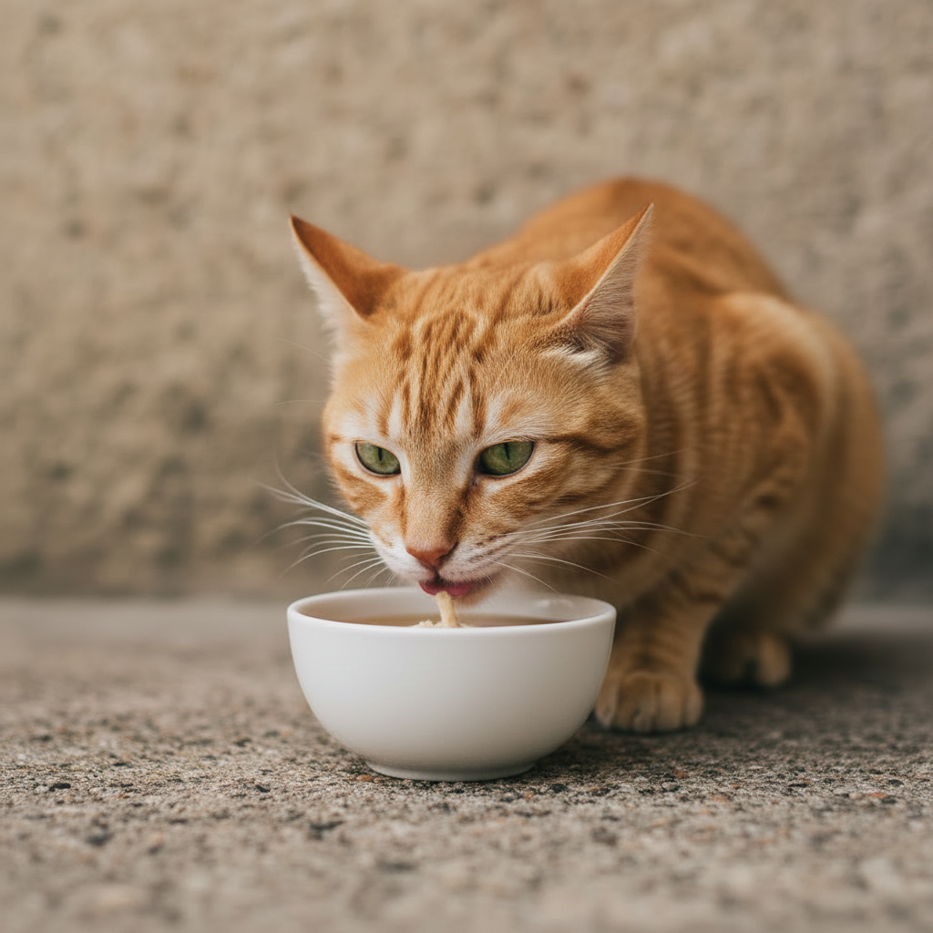 Orange tabby cat eating Dashi Delights Chicken with Scallop Recipe from a white bowl.