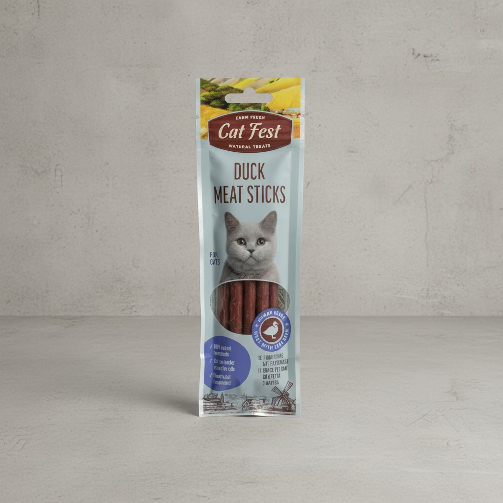 Package of Cat Fest Duck Meat Sticks on a greysurface 