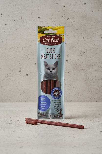 Cat Fest Duck Meat Sticks packaging on a grey background. 