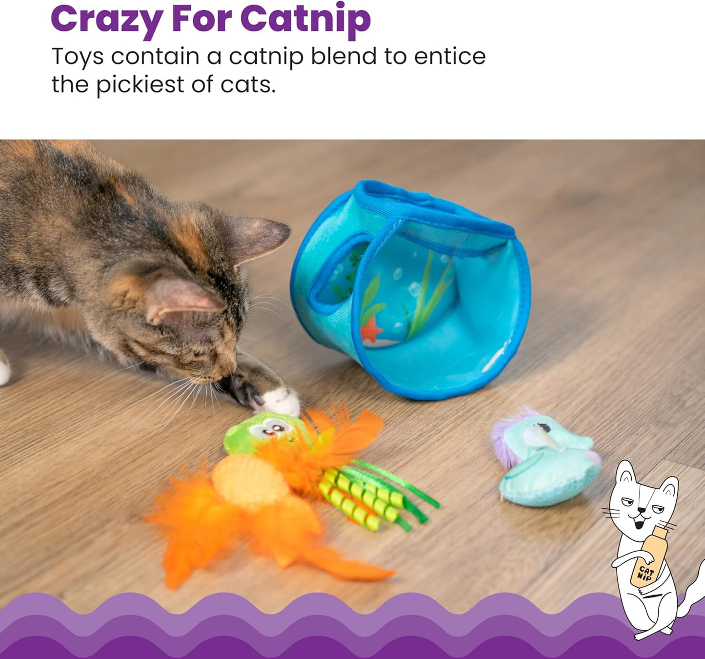 Cat playing with catnip toys on a wooden floor, with text about catnip blend.
