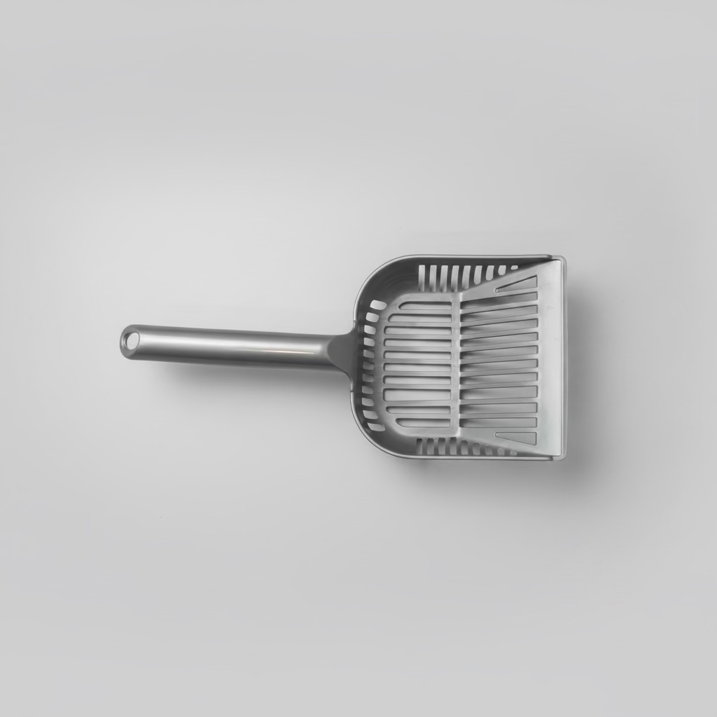 A gray cat litter scoop on a white background 