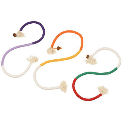Colorful cat chew toys on a yellow background with text about cat chewing fun.
