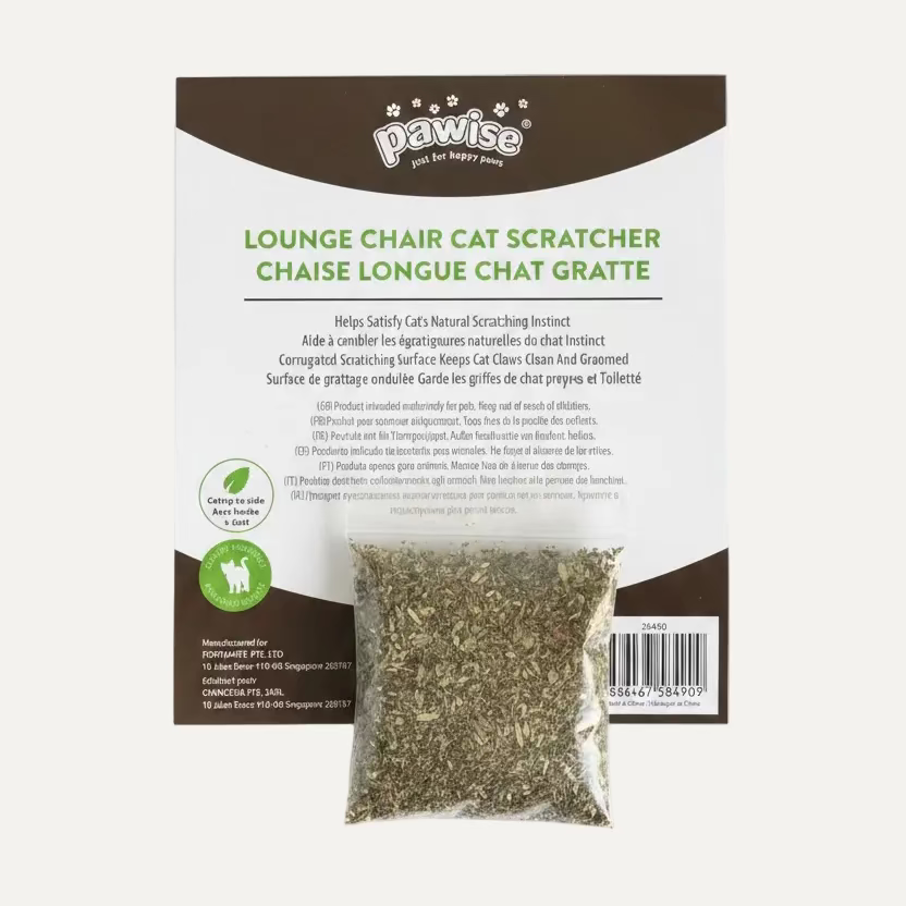 Pawise lounge chair cat scratcher packaging label and catnip background