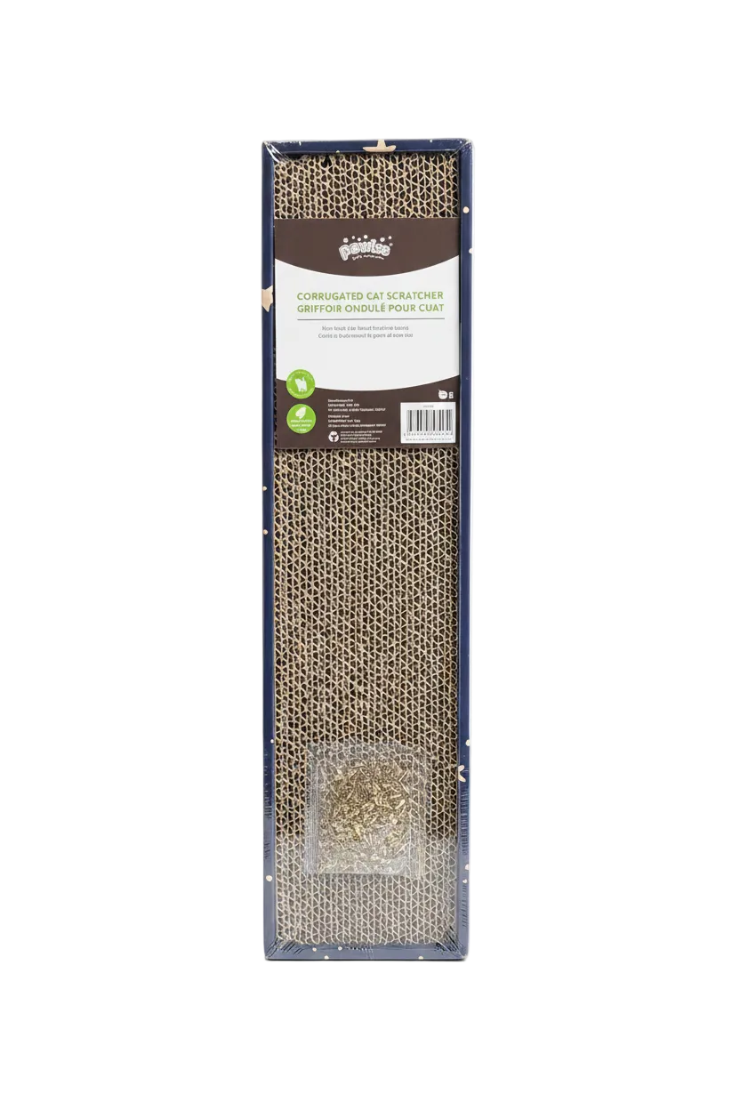 Long cardboard cat scratching board with catnip included on a transparent background