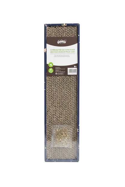 Long cardboard cat scratching board with catnip included on a transparent background