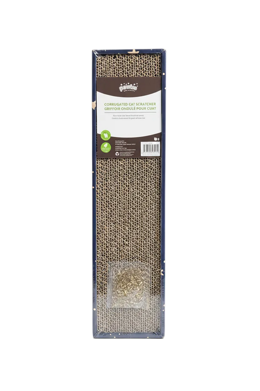 Long cardboard cat scratching board with catnip included on a transparent background