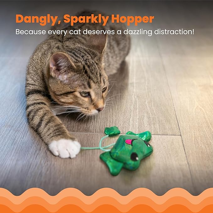 Cat playing with a green toy on a wooden floor, with text about the toy's name and purpose.