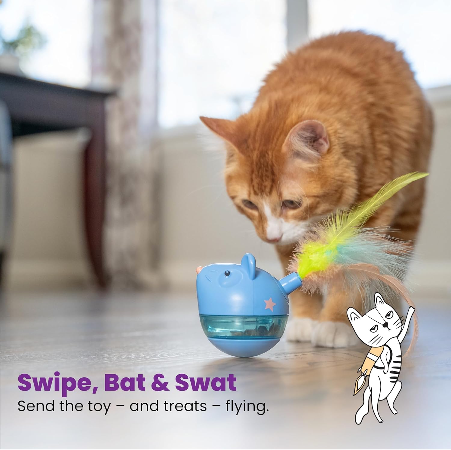 Blue wobble cat toy with feather tail and treat compartment
