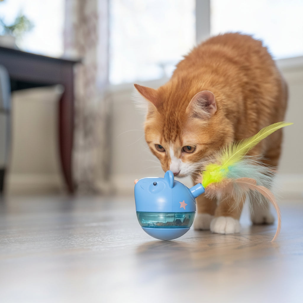 Cat playing with a blue toy that sends treats flying, with text 'Swipe, Bat & Swat' on a light background.