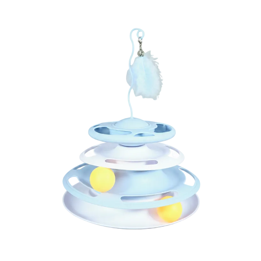 The Shakedown interactive cat toy with feather stick and treat dispenser in blue. 