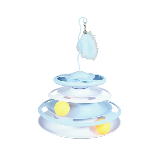 The Shakedown interactive cat toy with feather stick and treat dispenser in blue. 