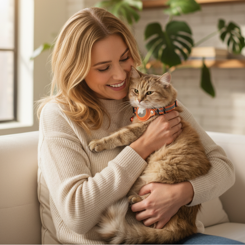 Cat wearing an orange AirTag-compatible collar while being held by its owner indoors.