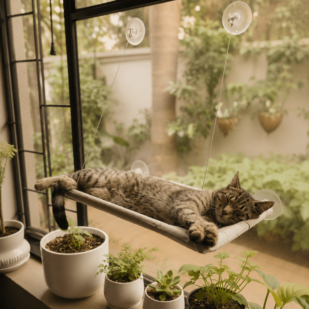 Cat napping on soft-grey cat window perch hammock with suction cups, side perspective