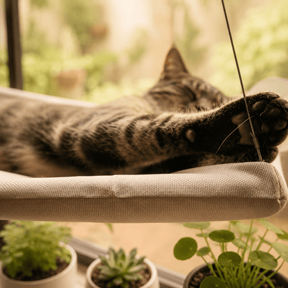 Cat lying on soft-grey window perch hammock with side suction cups, close angle