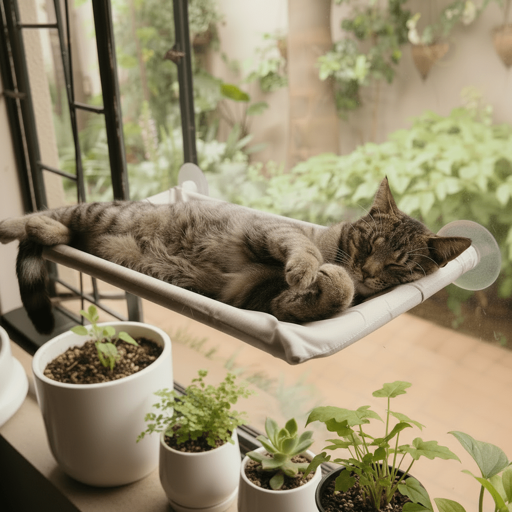 Cat lounging on soft-grey window perch hammock with clear suction cup attachments