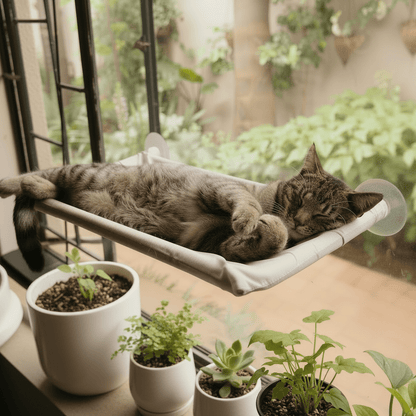 Cat lounging on soft-grey window perch hammock with clear suction cup attachments