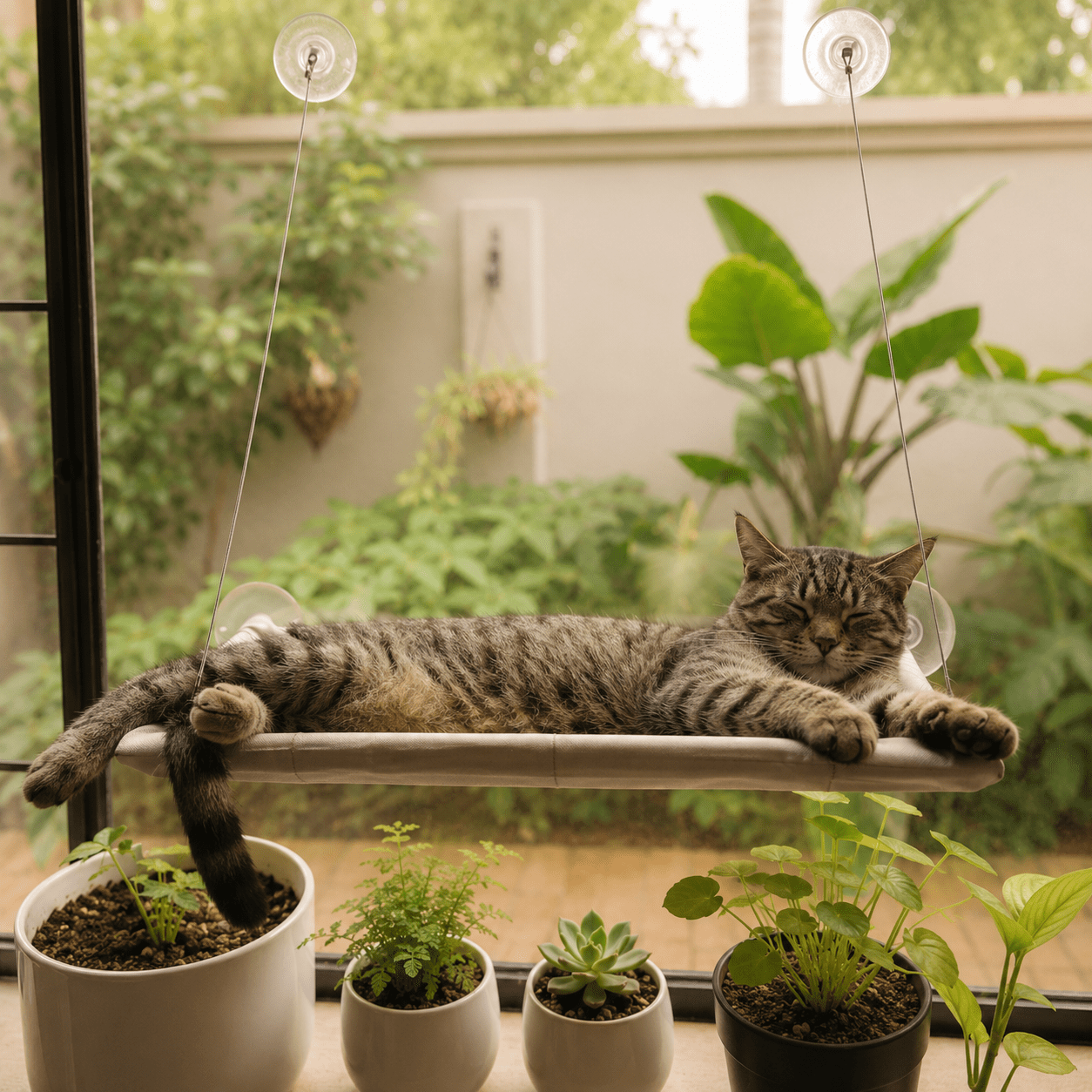 Cat stretched out on soft-grey window perch hammock with clear suction cups, outdoors view