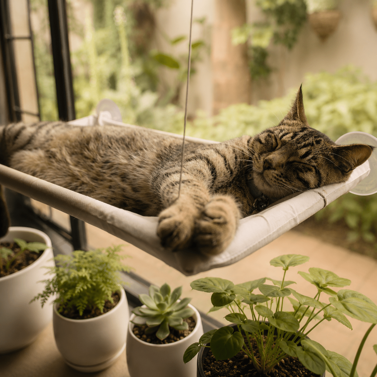 Cat relaxing on soft-grey window perch hammock with clear suction cups, wide view