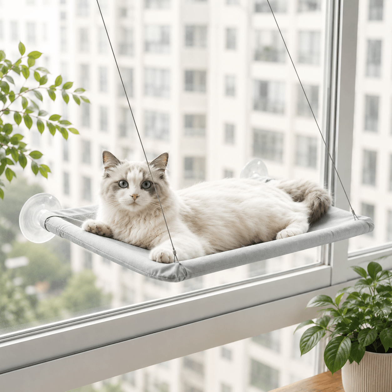 Cat window perch with suction cups, light gray fabric hammock with cat resting by window