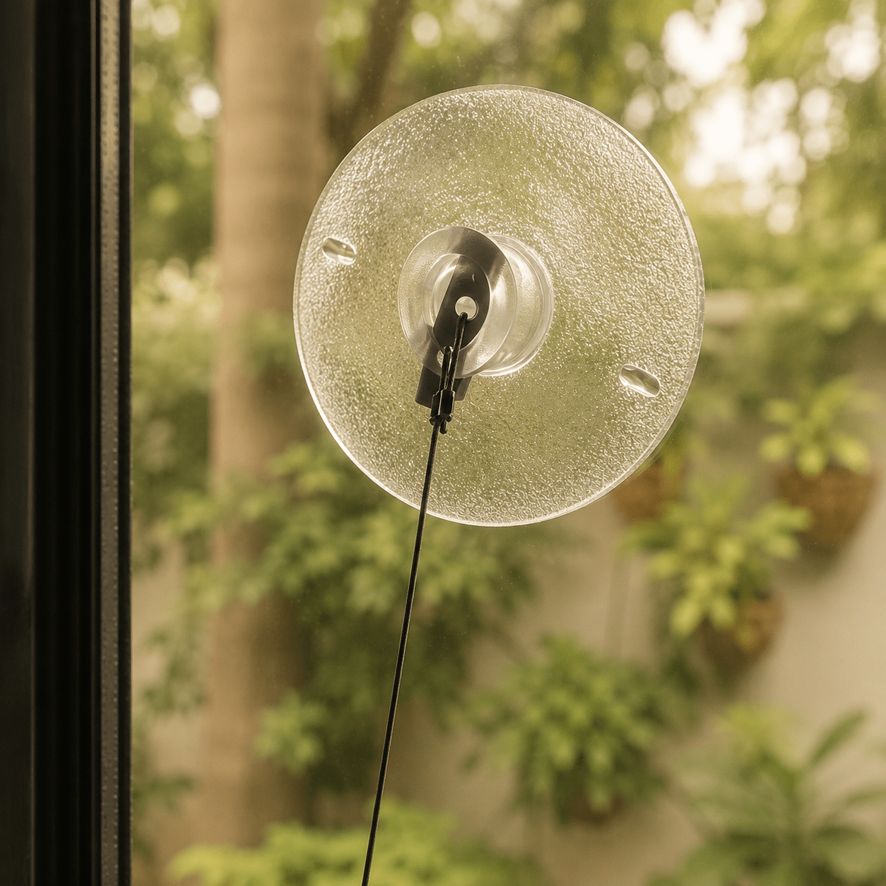 Clear suction cups for a cat window perch, shown against outdoor greenery