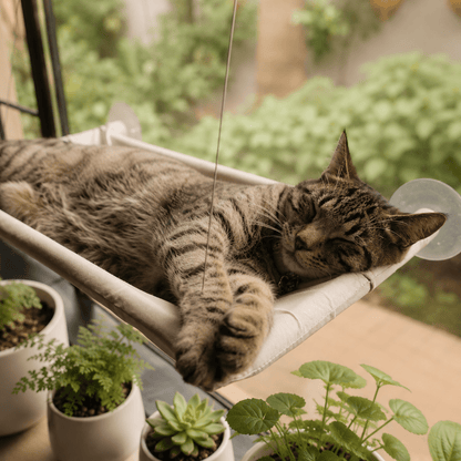 Cat sleeping on soft-grey window perch hammock with clear suction cups, side view