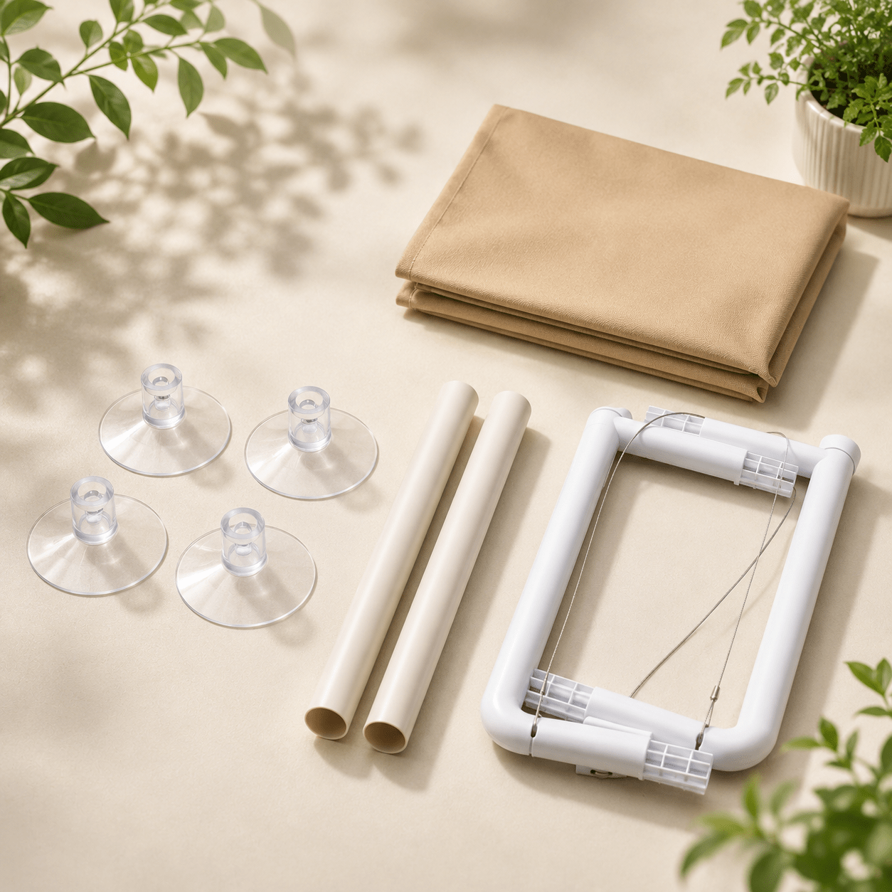 Cat window perch with suction cups: white frame, khaki fabric hammock, four clear caps