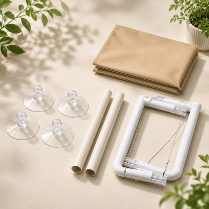 Cat window perch with suction cups: white frame, khaki fabric hammock, four clear caps