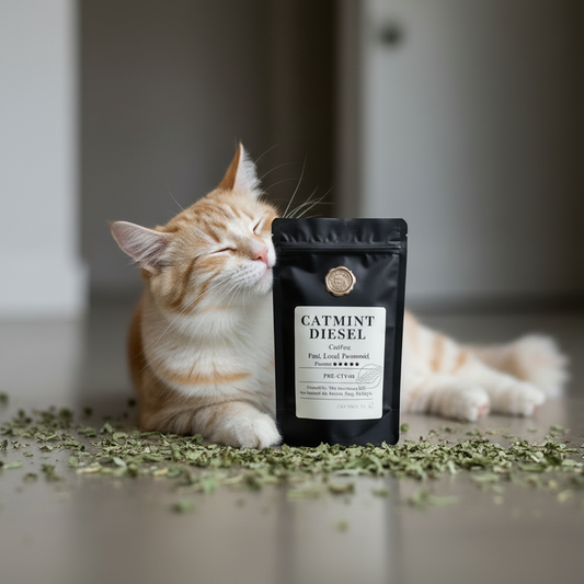 A ginger cat smelling Catmint Diesel premium catnip from The Apartment Cat on a cement floor