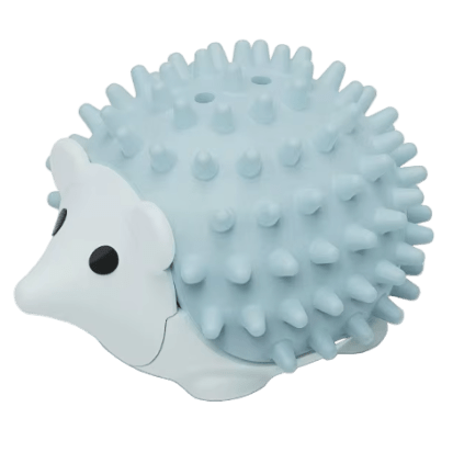 Light blue spiky hedgehog catnip wall toy with white face and small opening