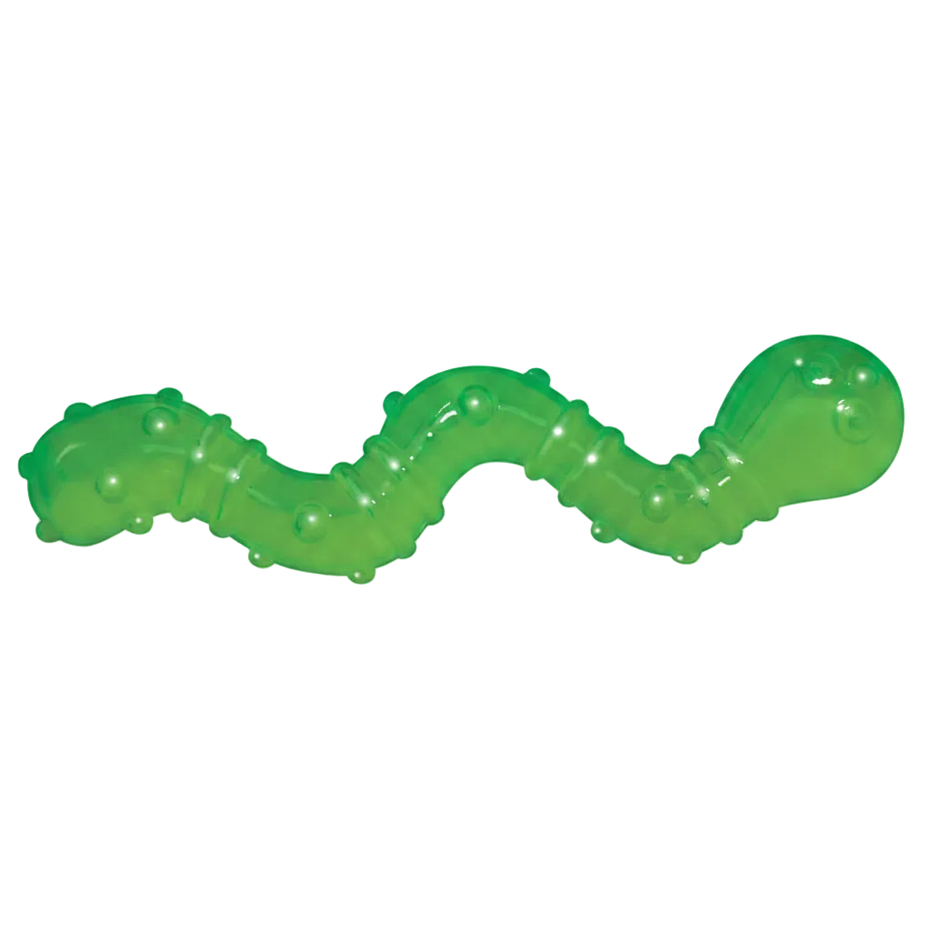 Green caterpillar-shaped catnip cat  toy on a white background