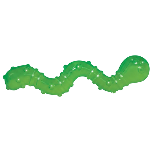 Green caterpillar-shaped catnip cat  toy on a white background