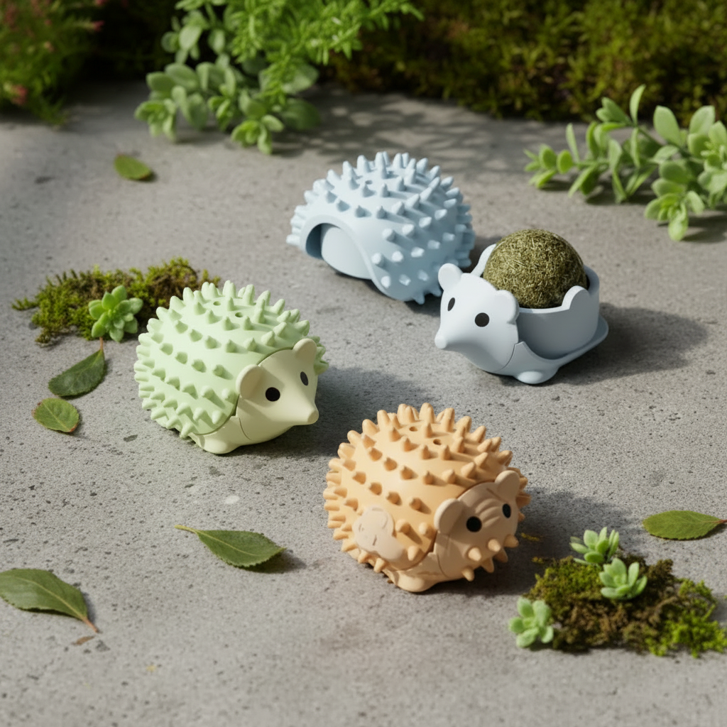 Blue, green, and orange hedgehog catnip toys shown on display