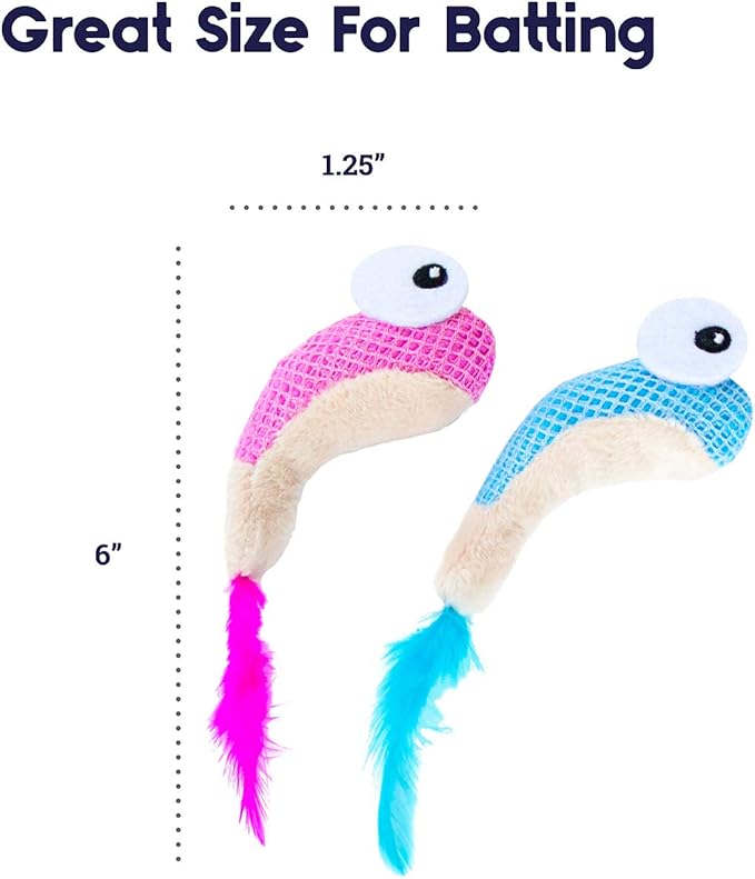 Two colorful catstages Dental Shrimpies measurement details on a white background