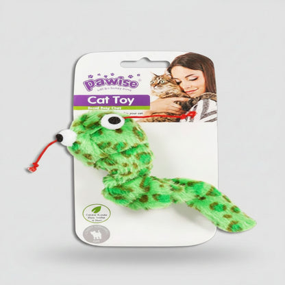 Green plush catnip snake toy for cats with soft spotted fabric

