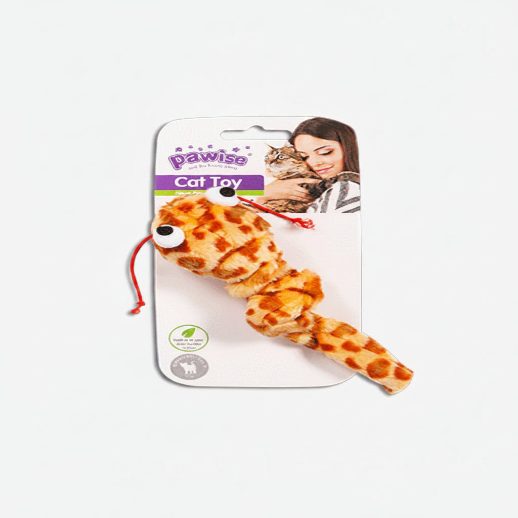 Orange plush catnip snake toy for cats with soft spotted fabric
